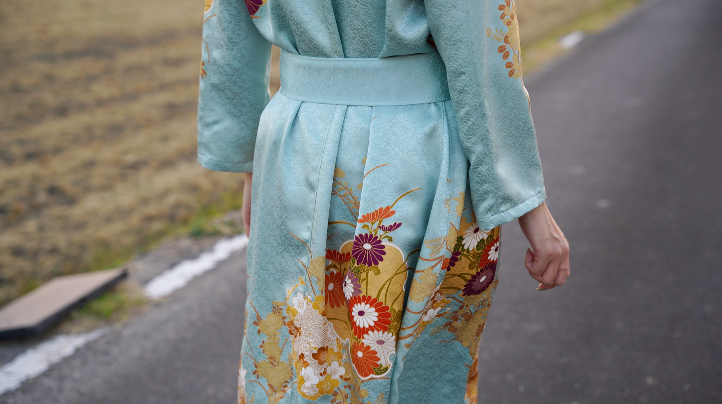 【昭和時代の着物(推定50年〜60年前】訪問着リメイクAラインワンピース