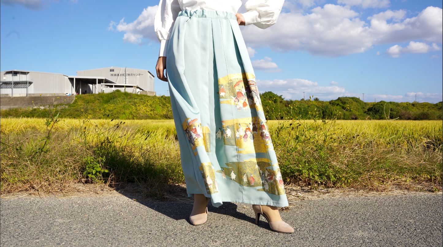 【落款有り】金彩友禅色留袖リメイクロングタックスカート　ウエストゴム通し口付き