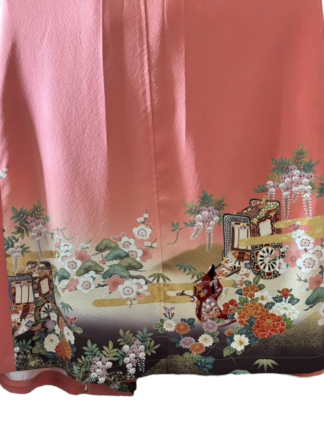 【御所解車と姫】訪問着リメイクドレスコート　両前身頃裏地付き