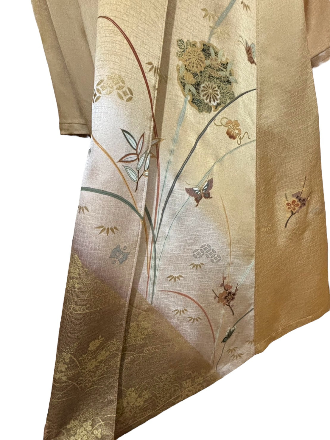 蝶と四季花が描かれた訪問着リメイクドレスコート