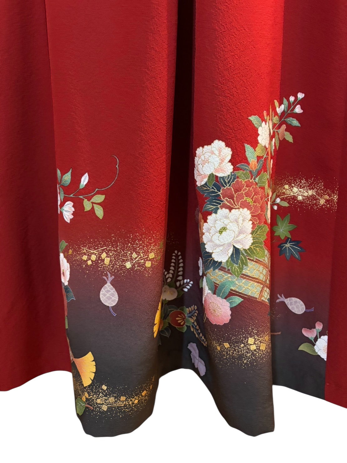 【四季花と花筏】真赤な振袖リメイクドレスコート 両前身頃裏地付き