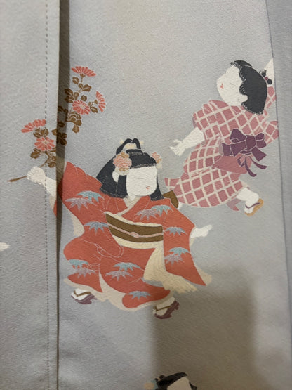 【落款有り「淋水」】童子が描かれた訪問着リメイクドレスコート　身頃裏地付き