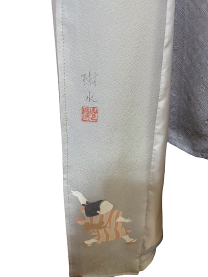 【落款有り「淋水」】童子が描かれた訪問着リメイクドレスコート　身頃裏地付き