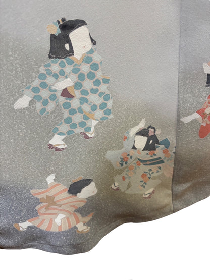 【落款有り「淋水」】童子が描かれた訪問着リメイクドレスコート　身頃裏地付き