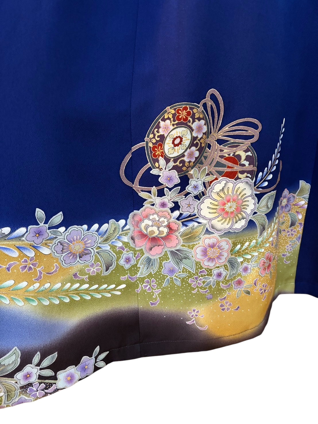 【御所解き車・手鞠】辻ヶ花が描かれた紺色の振袖リメイクドレスコート 身頃裏地付き