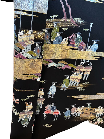 【落款有り】参勤交代（武家行列）が描かれた黒留袖リメイクドレスコート