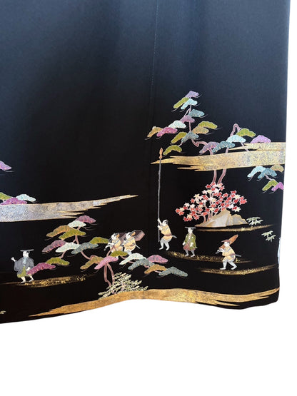 【落款有り】参勤交代（武家行列）が描かれた黒留袖リメイクドレスコート